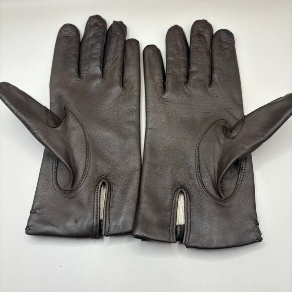 VTG Leather Gloves Sz 7 Brown Knit Fabric Lined Unbranded Braided Embellished - Picture 3 of 10